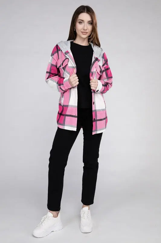Plaid Drawstring Hooded Fleece Shacket - Pure Serenity DBA