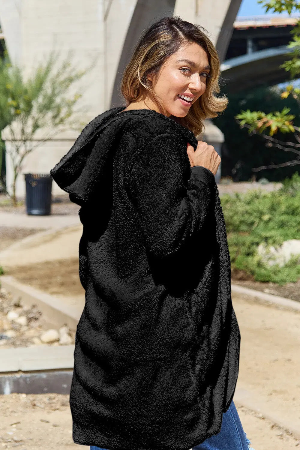 Double Take Full Size Hooded Teddy Bear Jacket with Thumbholes Trendsi