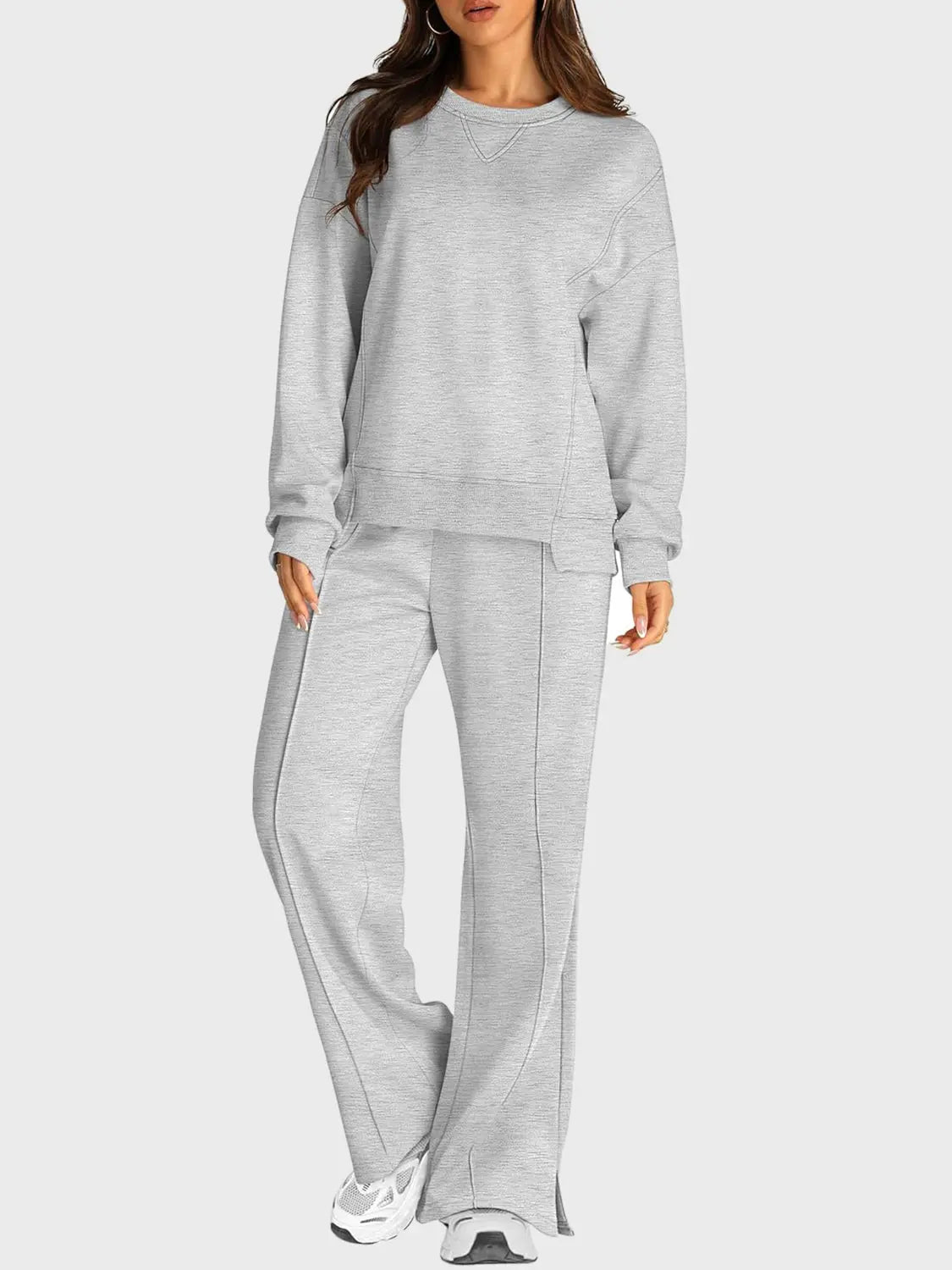 Round Neck Long Sleeve Top and Slit Pants Set Trendsi