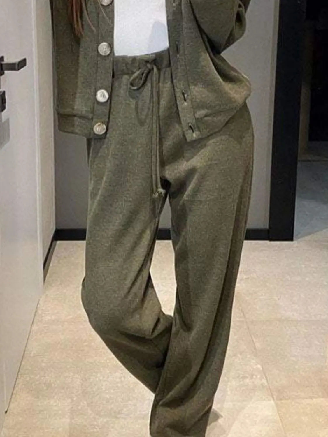 Full Size Button Up Long Sleeve Top and Pants Set Trendsi