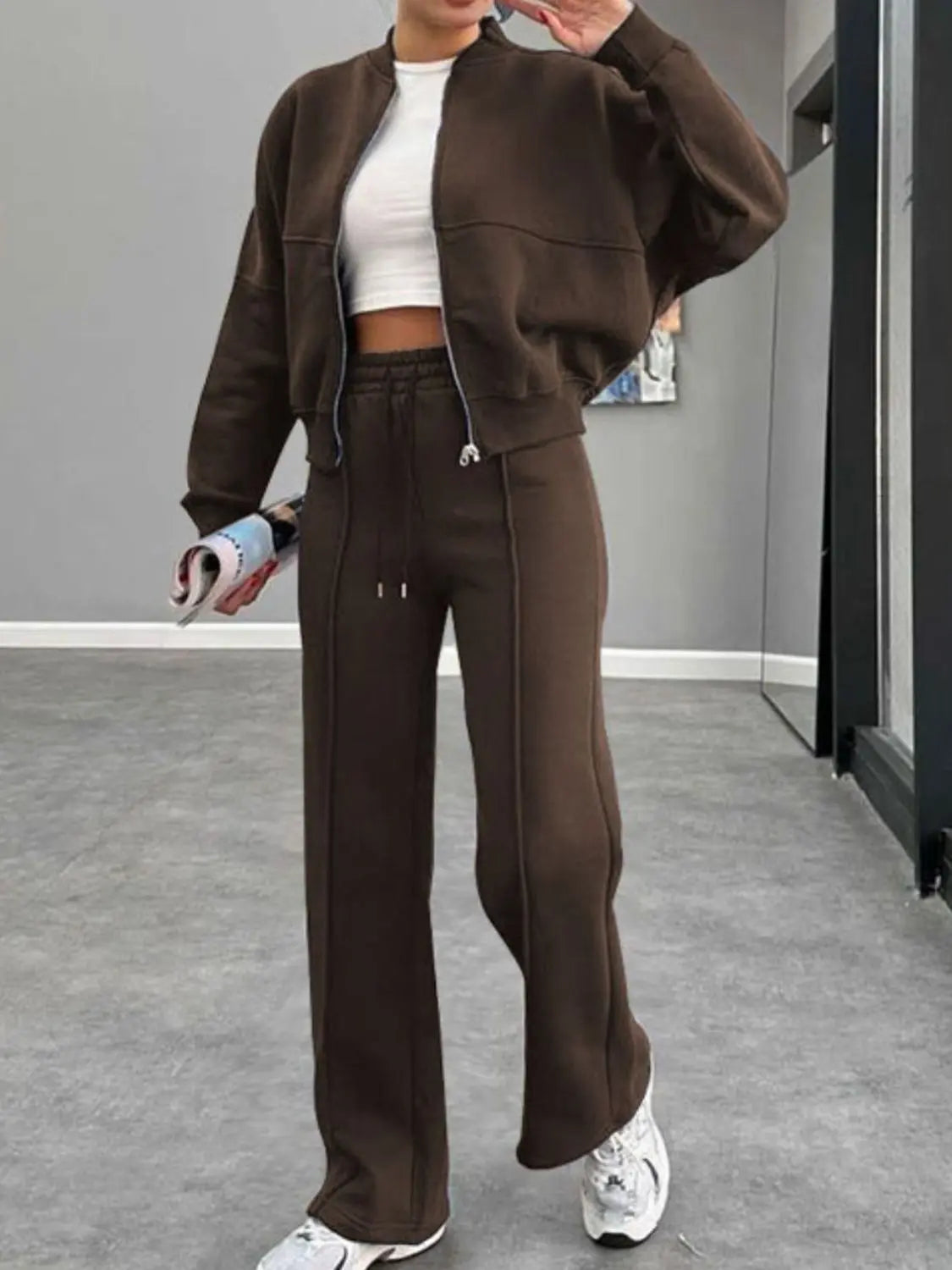 Baseball Collar Zip Up Outerwear and Drawstring Pants Set Trendsi