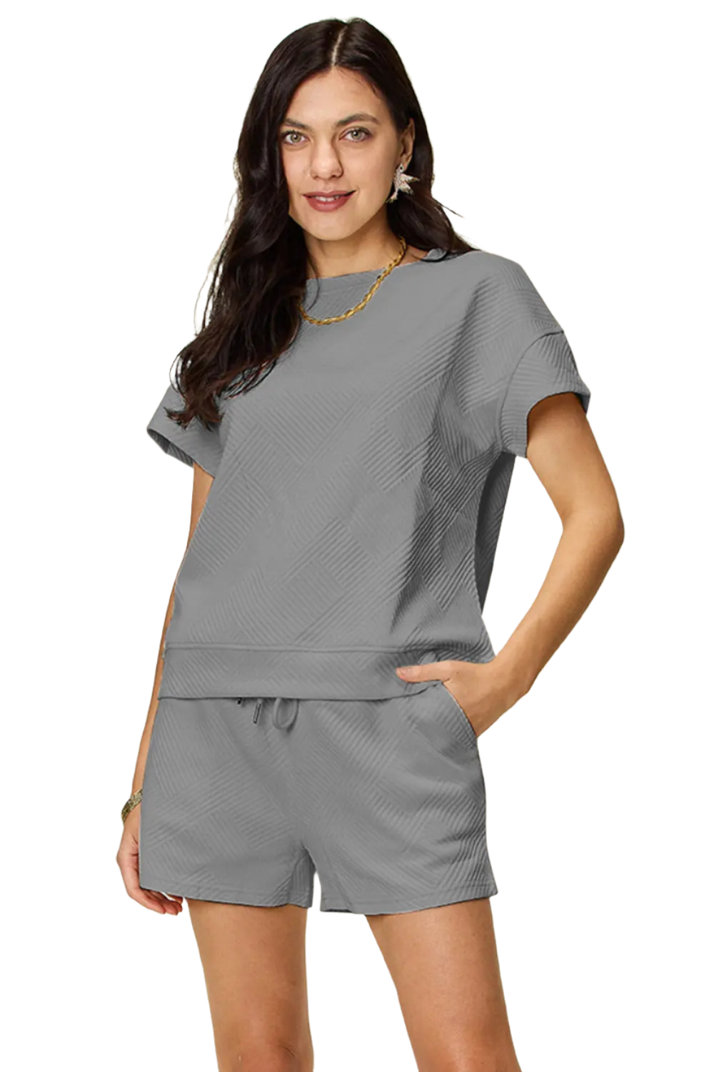 Double Take Full Size Texture Short Sleeve T-Shirt and Drawstring Shorts Set - Pure Serenity DBA