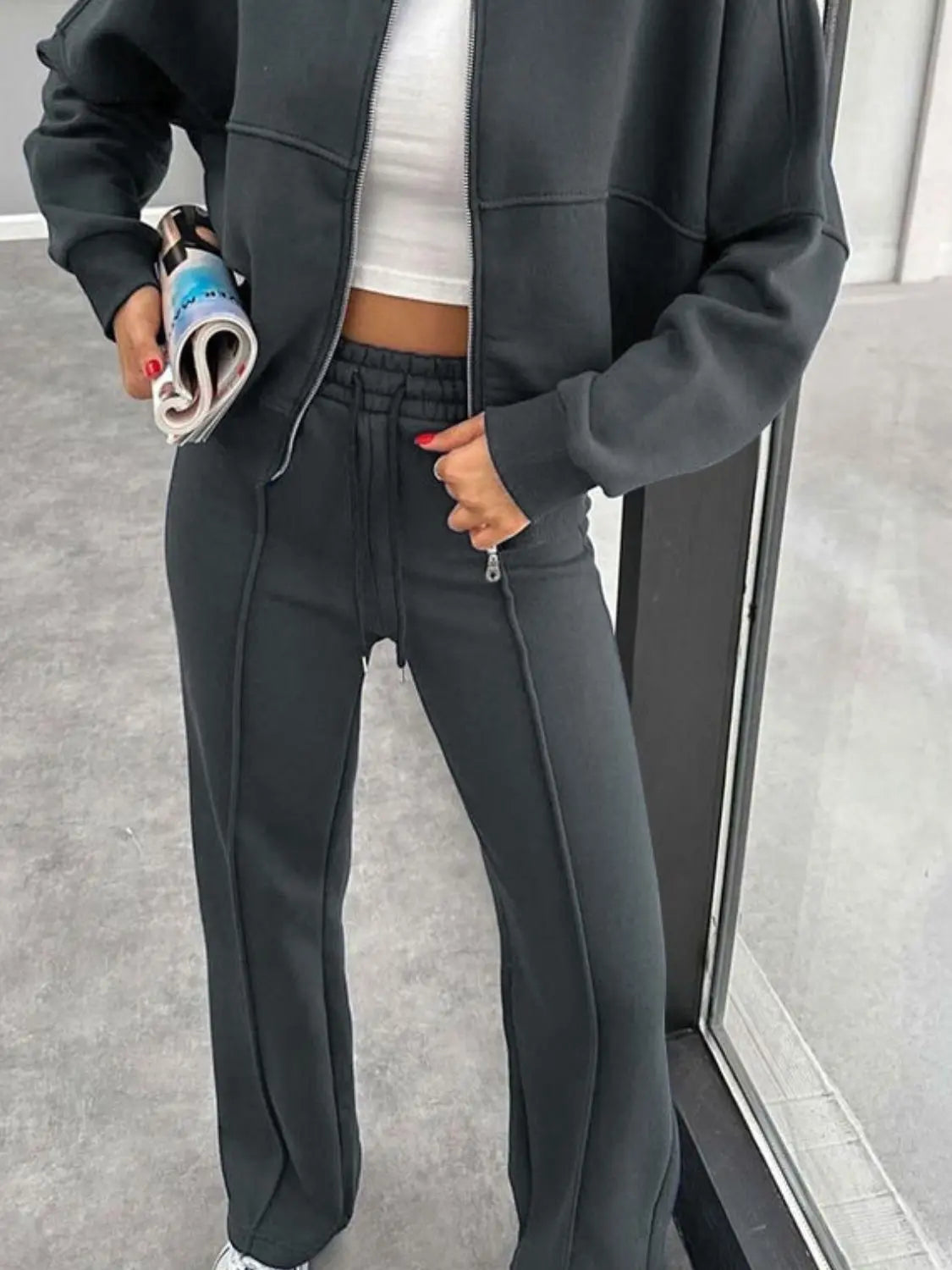 Baseball Collar Zip Up Outerwear and Drawstring Pants Set Trendsi