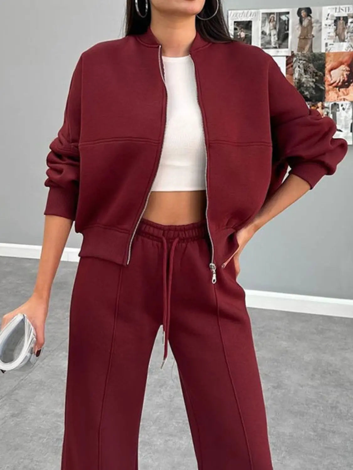 Baseball Collar Zip Up Outerwear and Drawstring Pants Set Trendsi