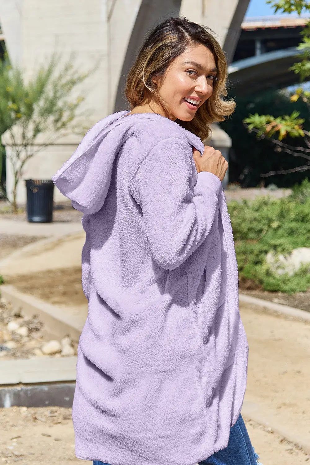 Double Take Full Size Hooded Teddy Bear Jacket with Thumbholes Trendsi