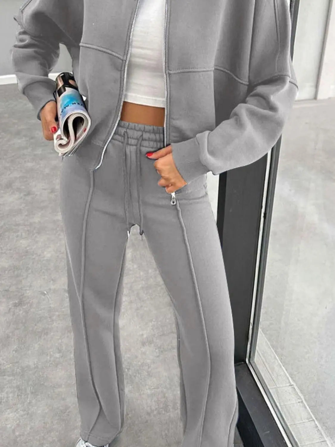 Baseball Collar Zip Up Outerwear and Drawstring Pants Set Trendsi