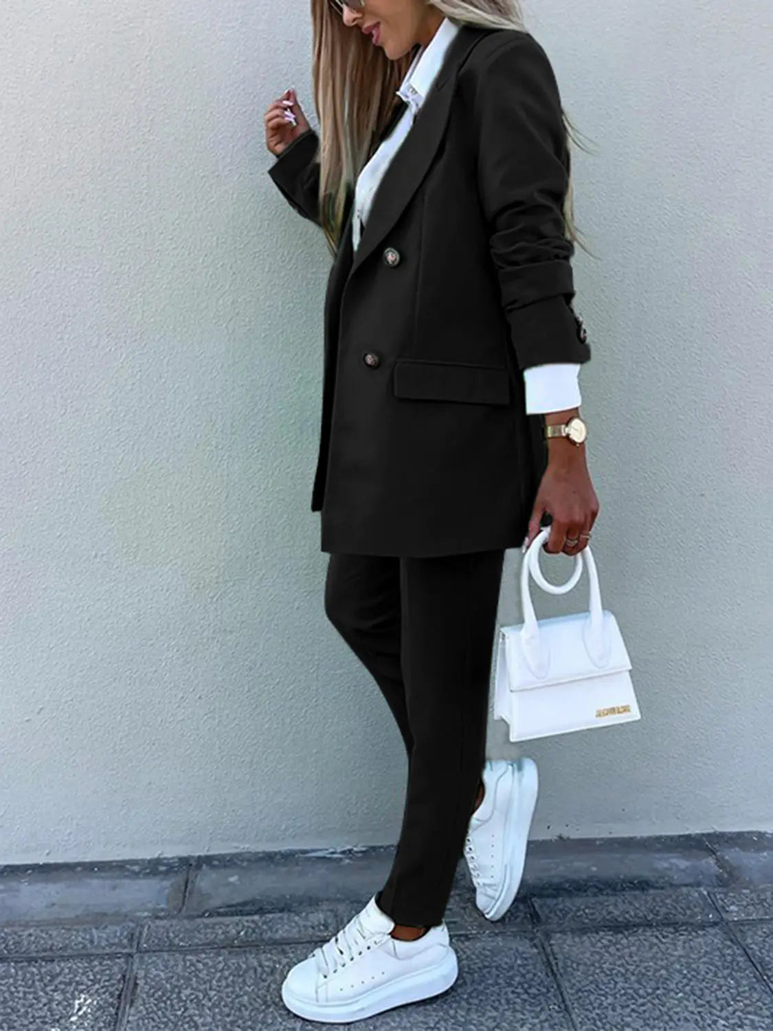 Lapel Collar Long Sleeve Blazer and Pants Set Trendsi