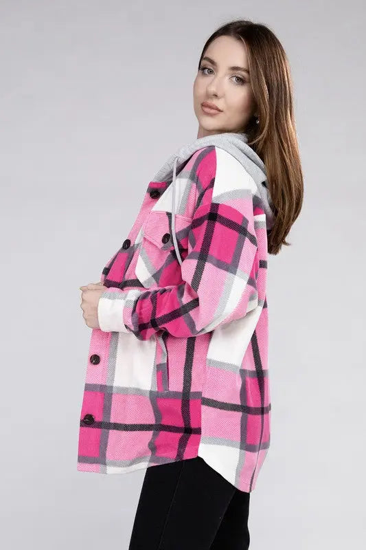 Plaid Drawstring Hooded Fleece Shacket - Pure Serenity DBA