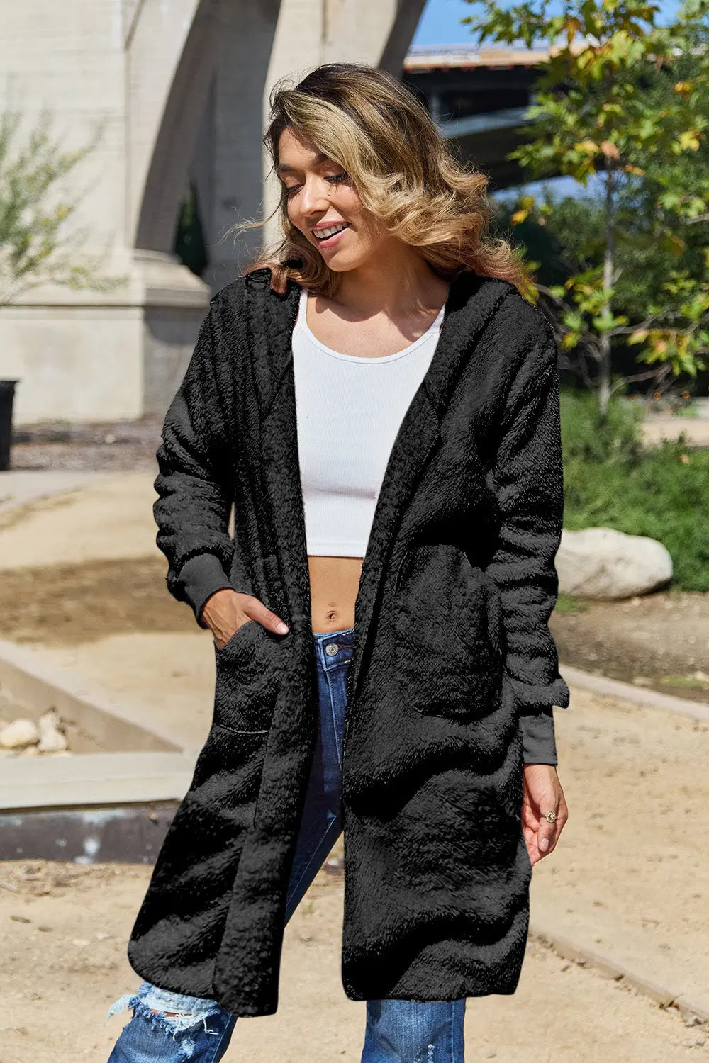 Double Take Full Size Hooded Teddy Bear Jacket with Thumbholes Trendsi