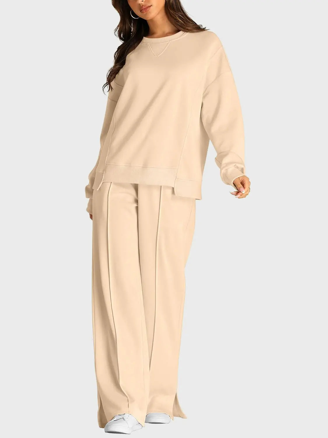 Round Neck Long Sleeve Top and Slit Pants Set Trendsi