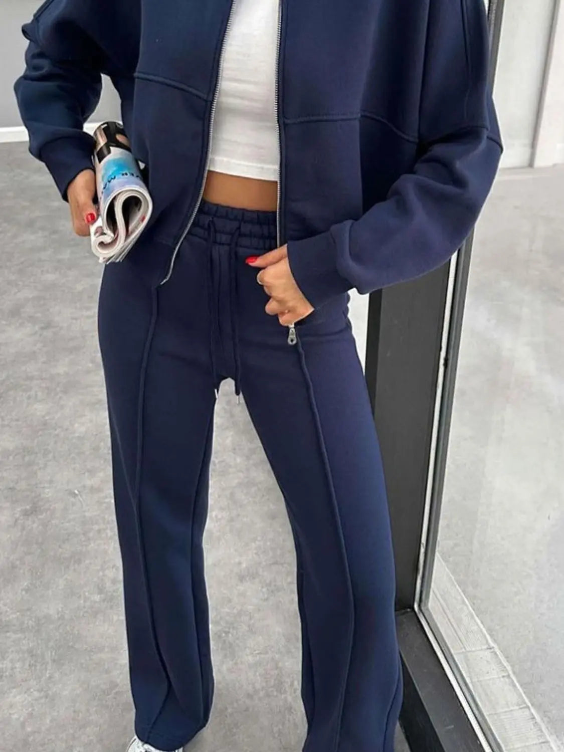 Baseball Collar Zip Up Outerwear and Drawstring Pants Set Trendsi