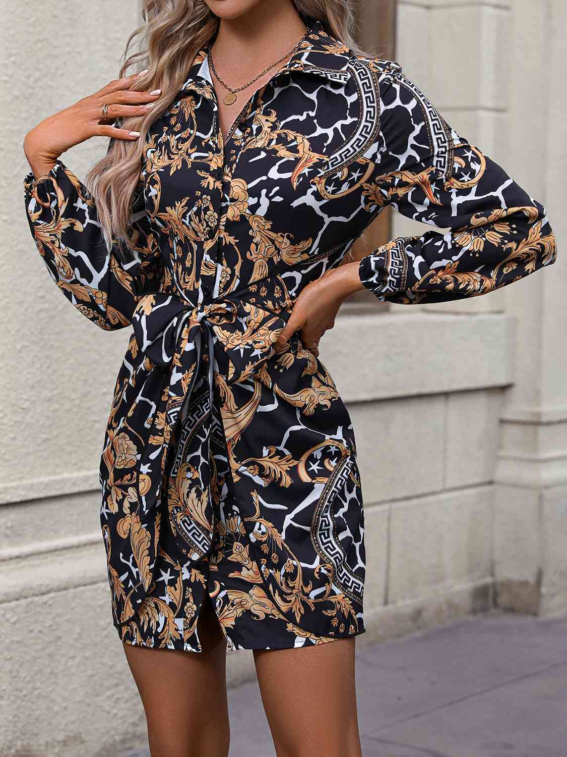 Trendsi Black / S Tie Front Printed Collared Neck Shirt Dress