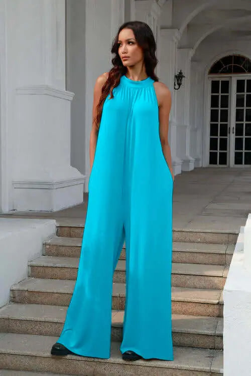 Trendsi Casual Wear Aqua / S Double Take Full Size Tie Back Cutout Sleeveless Jumpsuit