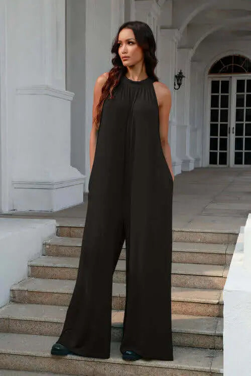 Trendsi Casual Wear Black / S Double Take Full Size Tie Back Cutout Sleeveless Jumpsuit