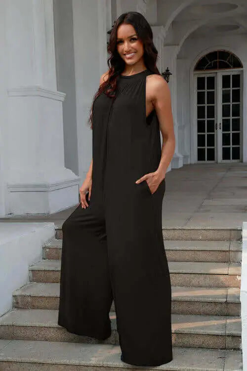 Trendsi Casual Wear Double Take Full Size Tie Back Cutout Sleeveless Jumpsuit
