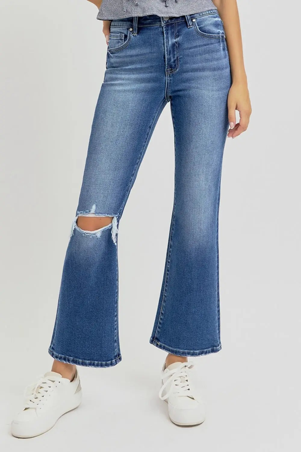 RISEN Full Size Distressed High Rise Crop Flare Jeans Trendsi