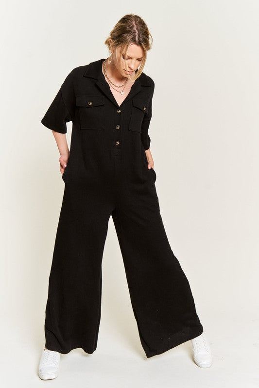 Basic Collar Shirt Wide leg Jumpsuit - Pure Serenity DBA