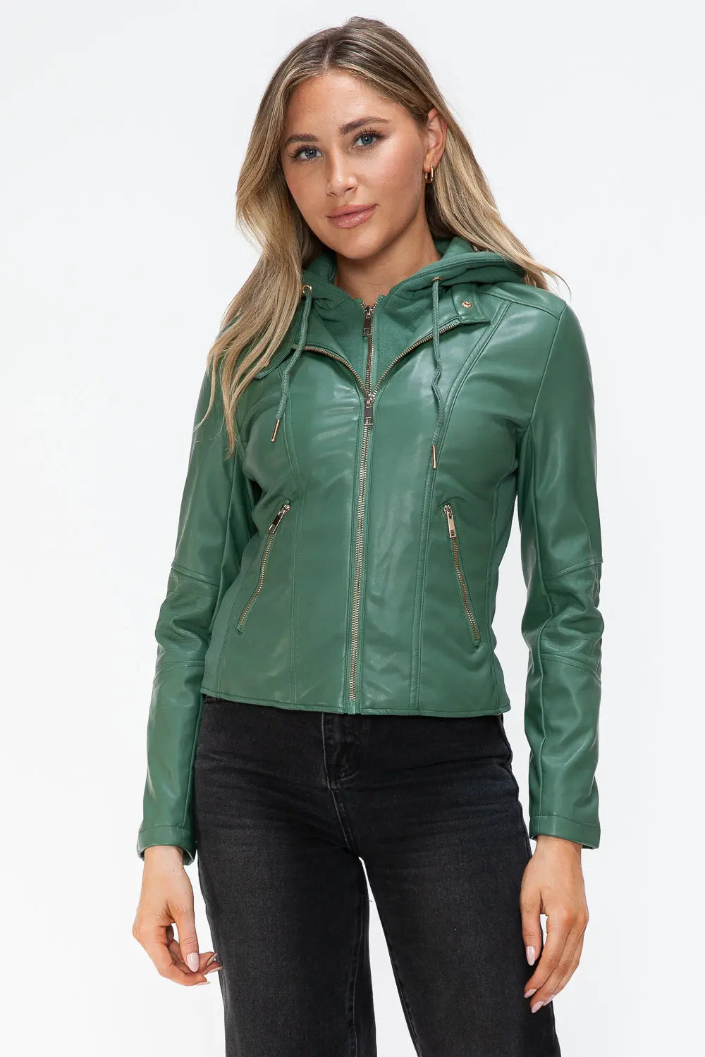 Snobbish Faux Leather Zip Up Drawstring Hooded Jacket Trendsi