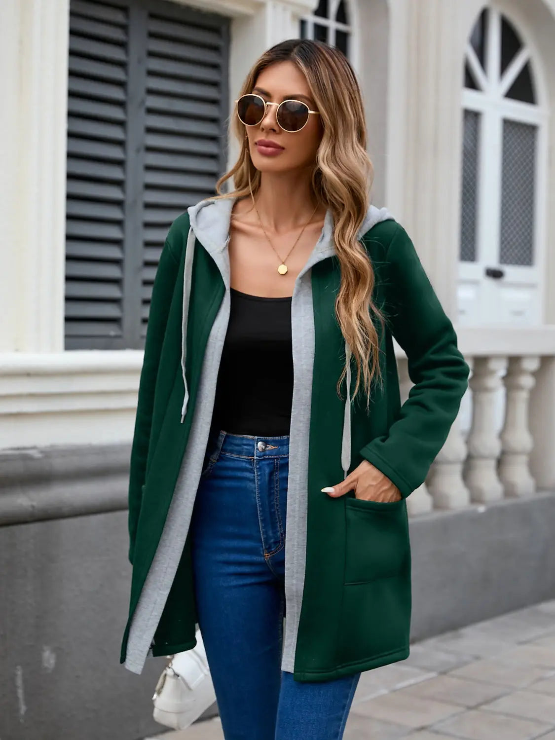 Drawstring Long Sleeve Hooded Jacket Trendsi