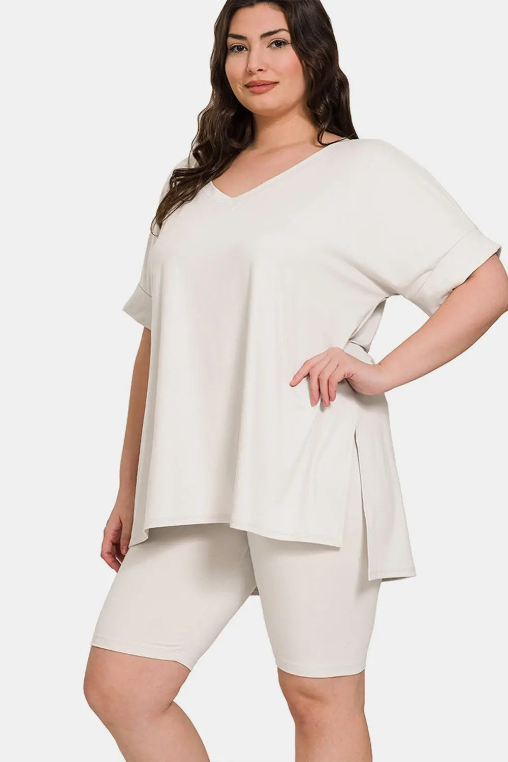 Zenana Full Size V-Neck Short Sleeve Slit T-Shirt and Shorts Set Trendsi