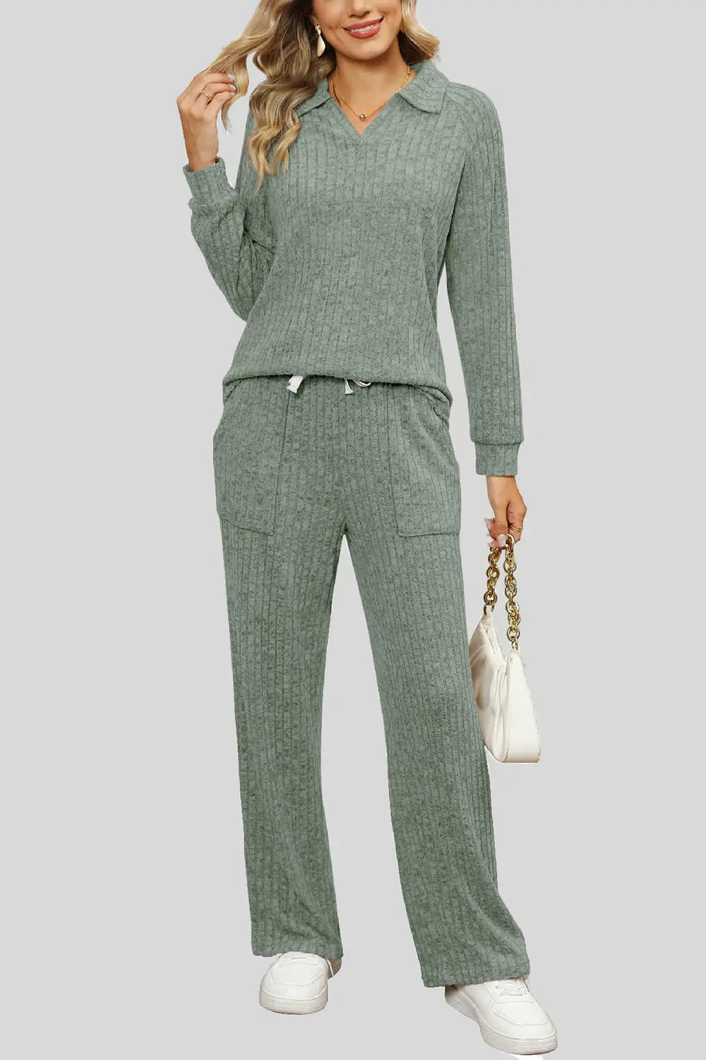 Ribbed Long Sleeve Top and Pocketed Pants Set Trendsi