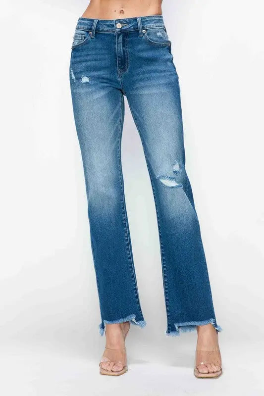 bytos Full Size Raw Hem Distressed Mid Rise Straight Jeans Trendsi