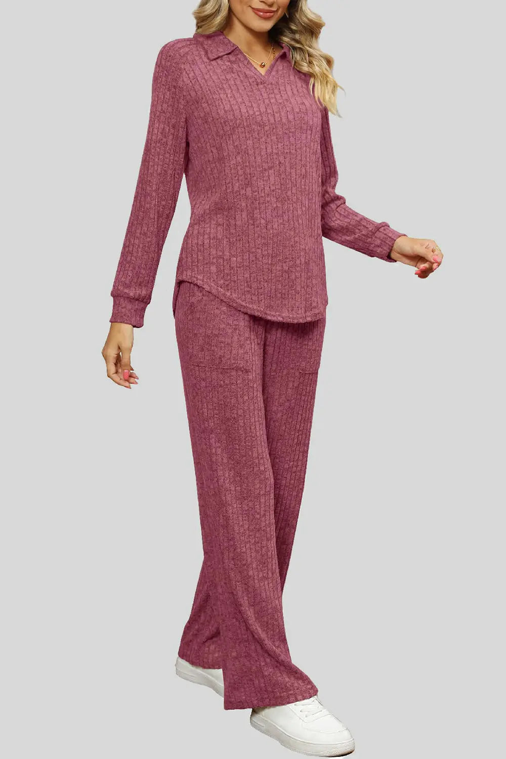 Ribbed Long Sleeve Top and Pocketed Pants Set Trendsi