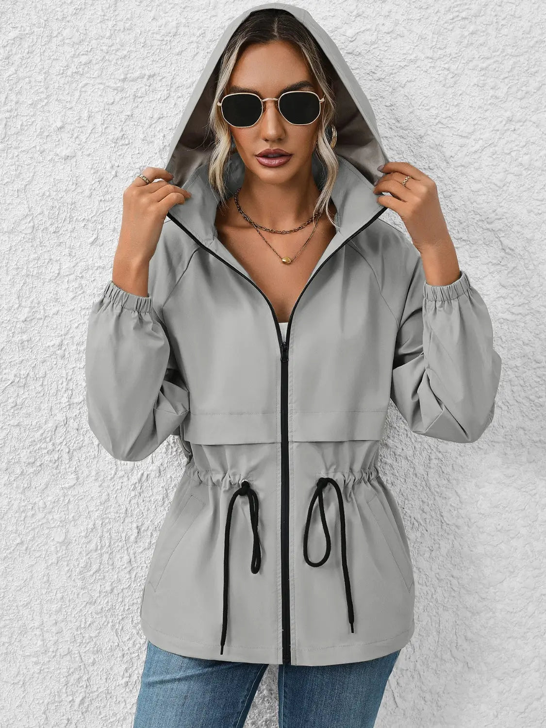 Ivy Lane Drawstring Zip Up Hooded Jacket Trendsi