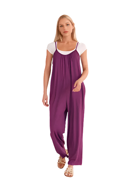 Solid Color Slip Pocket Loose Suspender Jumpsuit HFHD38VT7A - Pure Serenity DBA