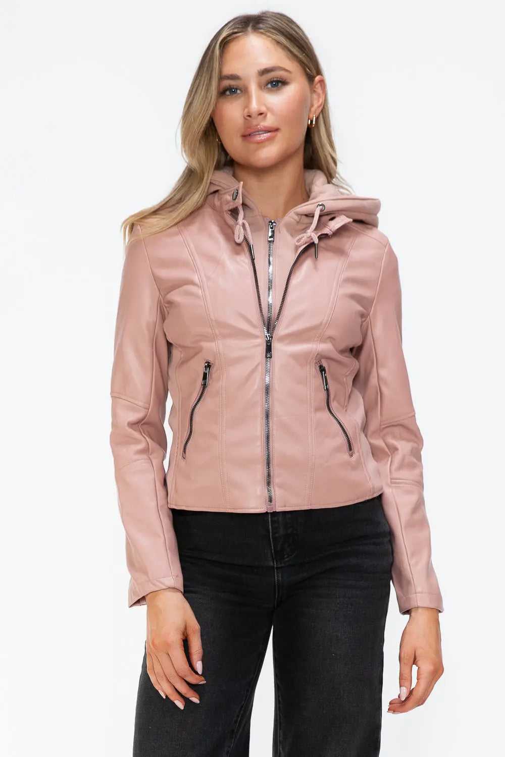 Snobbish Faux Leather Zip Up Drawstring Hooded Jacket Trendsi