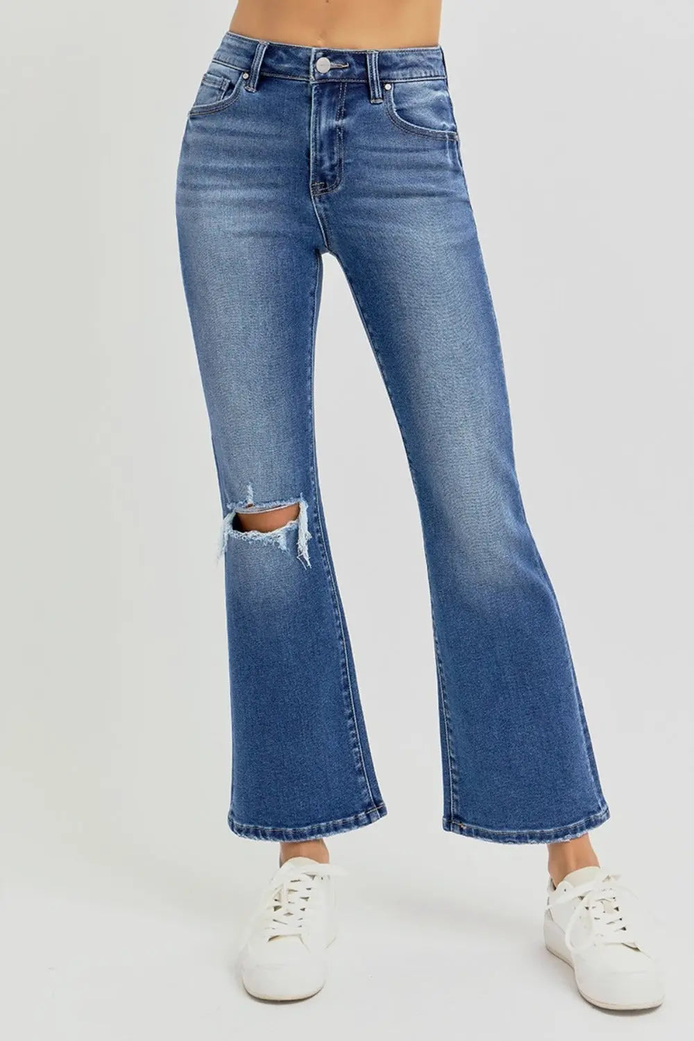 RISEN Full Size Distressed High Rise Crop Flare Jeans Trendsi