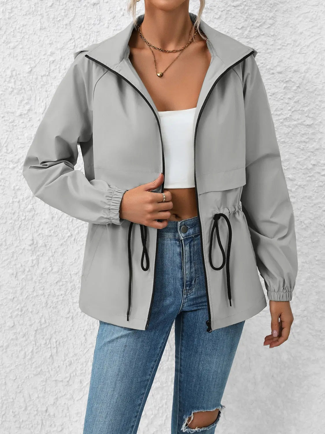 Ivy Lane Drawstring Zip Up Hooded Jacket Trendsi