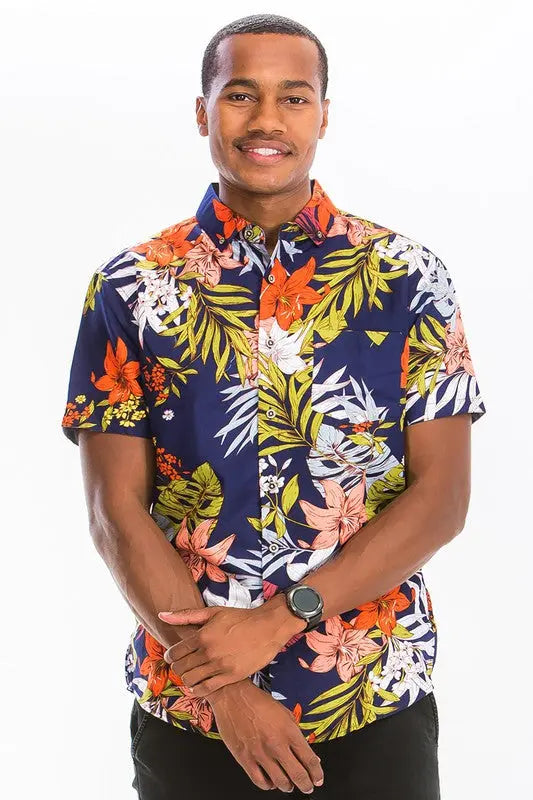 Weiv Mens Print Hawaiian Button Down Shirt WEIV