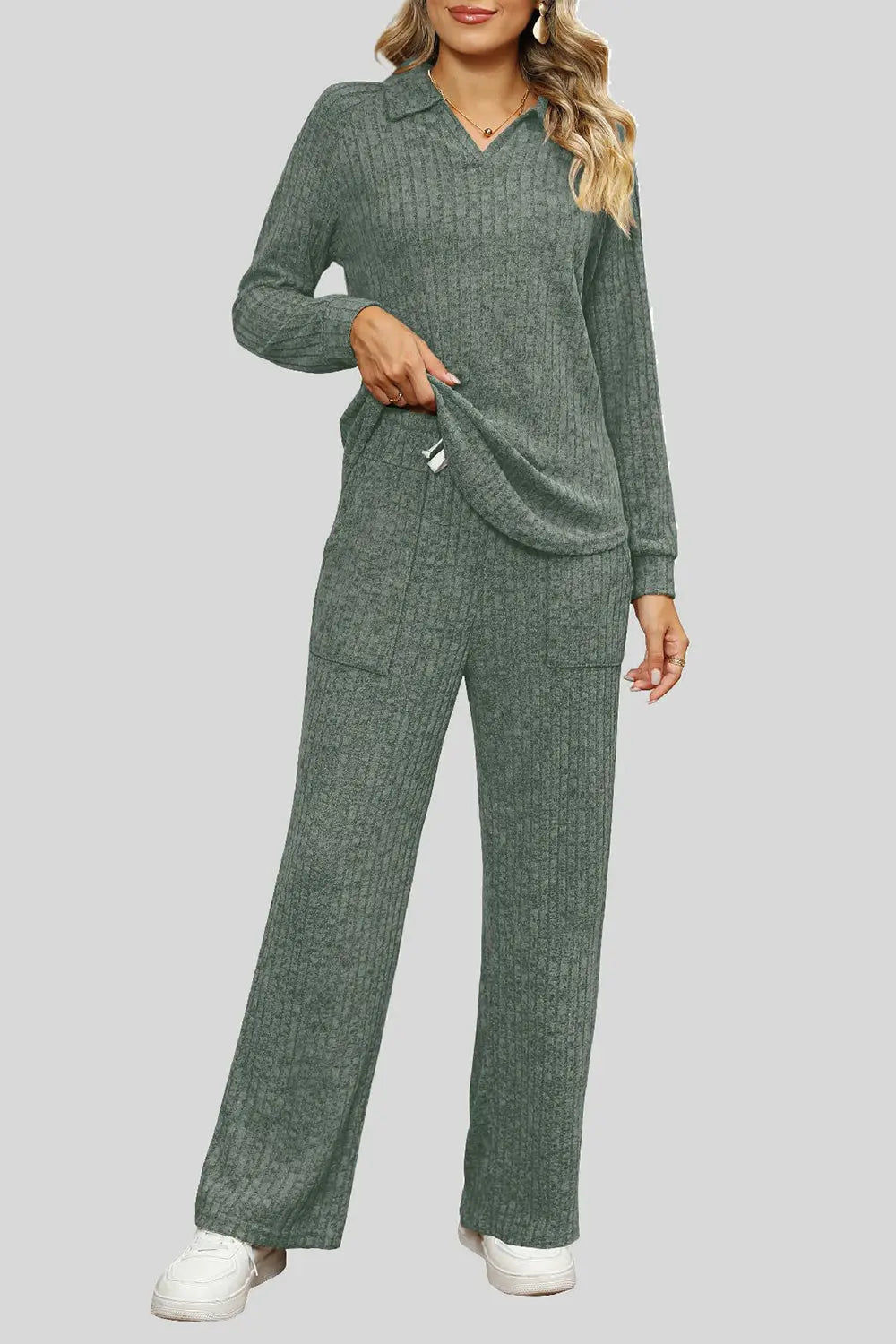 Ribbed Long Sleeve Top and Pocketed Pants Set Trendsi