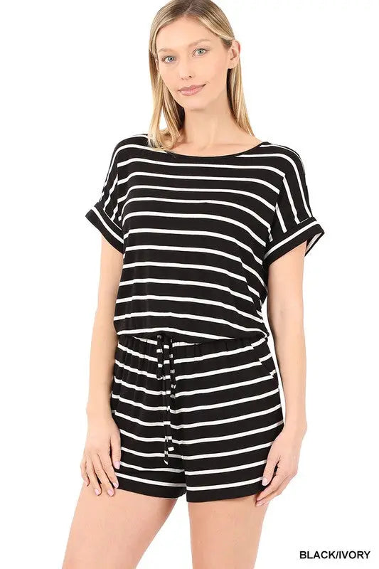 Stripe Romper with Pockets ZENANA