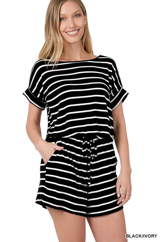 Stripe Romper with Pockets ZENANA