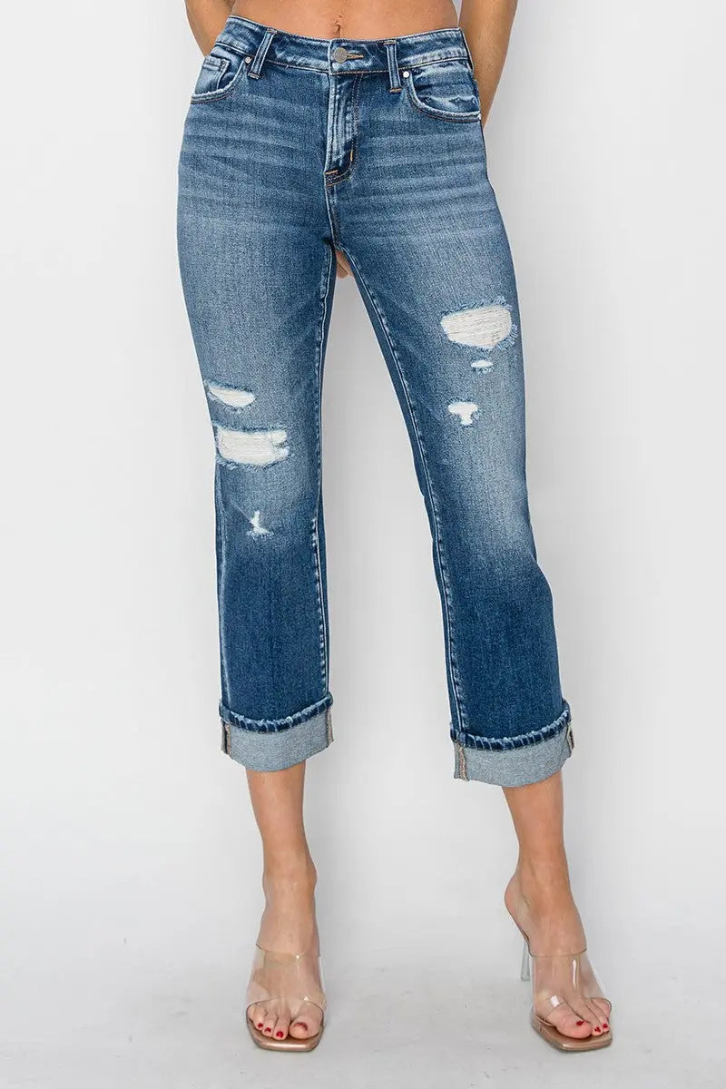 RISEN Full Size Cuffed Ankle Distressed Straight Jeans Trendsi