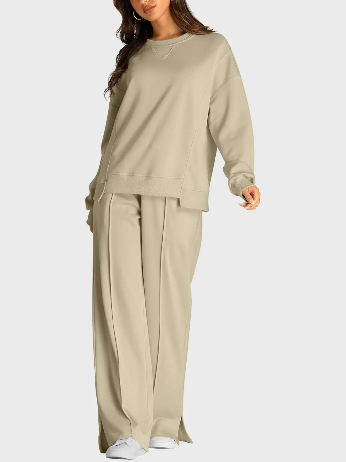 Round Neck Long Sleeve Top and Slit Pants Set Trendsi