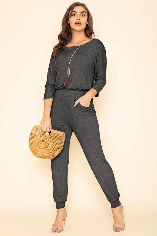 Quarter Sleeve Boat Neck Blouson Jumpsuit - Pure Serenity DBA