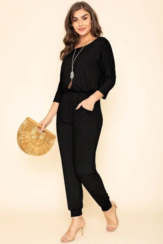 Quarter Sleeve Boat Neck Blouson Jumpsuit - Pure Serenity DBA