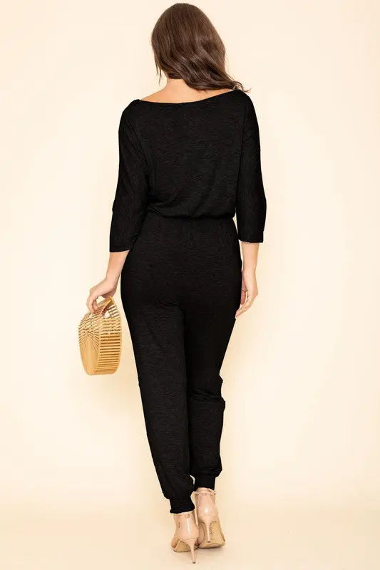 Quarter Sleeve Boat Neck Blouson Jumpsuit - Pure Serenity DBA