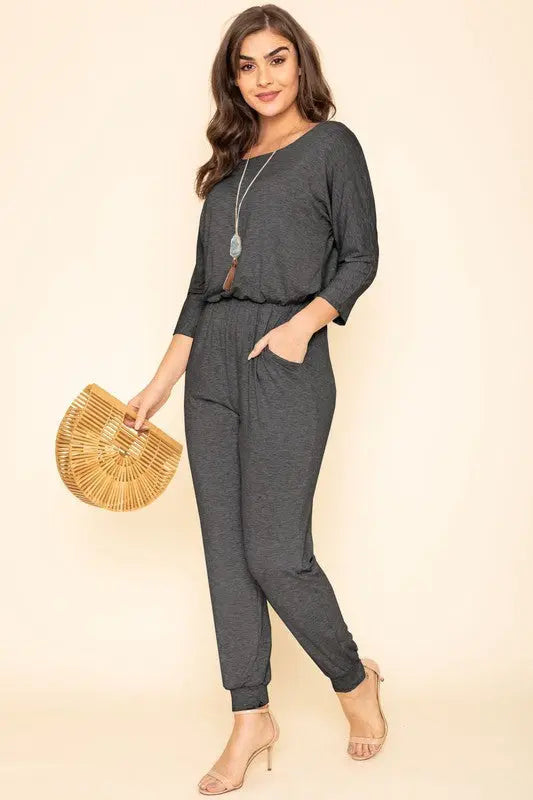 Quarter Sleeve Boat Neck Blouson Jumpsuit - Pure Serenity DBA