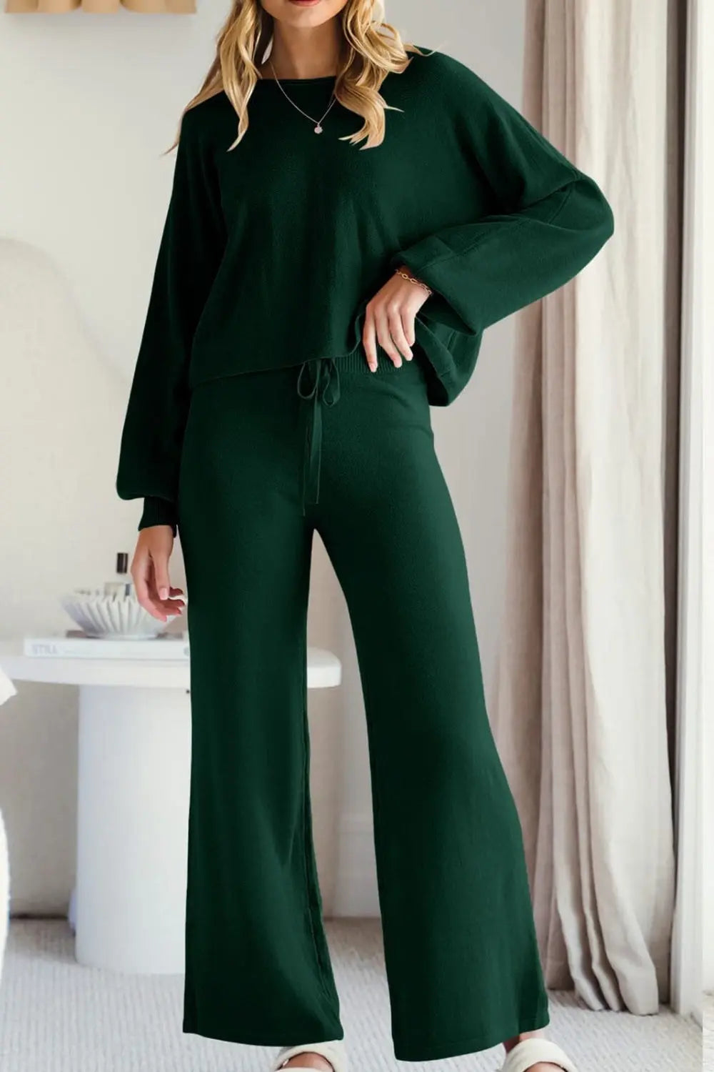 Round Neck Long Sleeve Top and Pants Set Trendsi