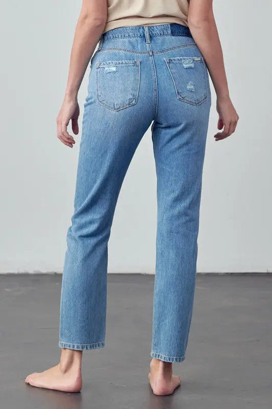 High Rise Distressed Straight Jeans - Pure Serenity DBA