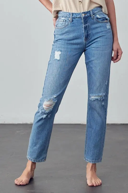 High Rise Distressed Straight Jeans - Pure Serenity DBA