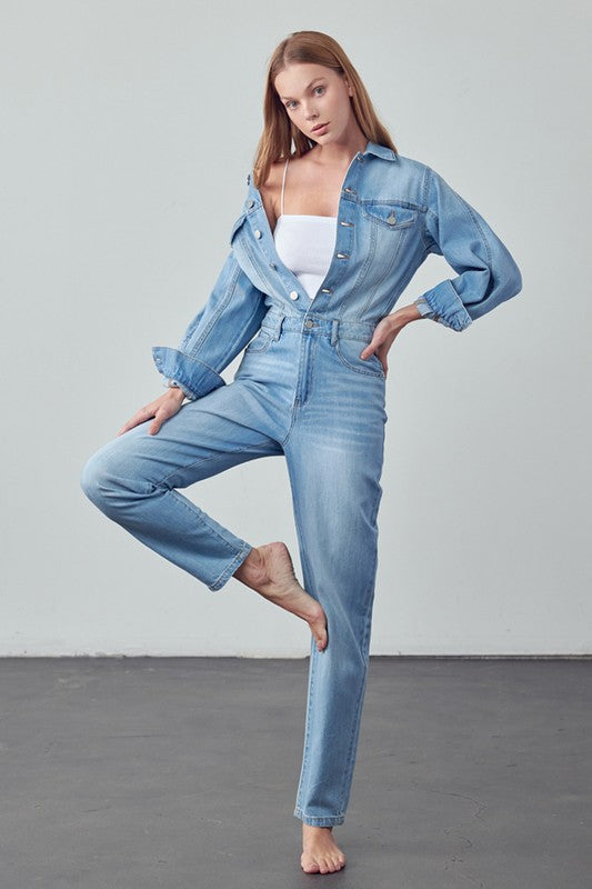 High Waist Flap Pocket Half Button Denim Jumpsuit - Pure Serenity DBA