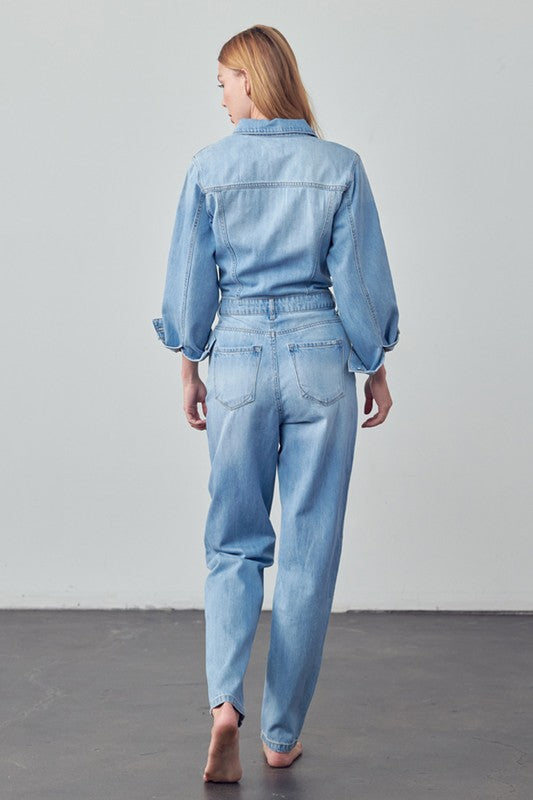 High Waist Flap Pocket Half Button Denim Jumpsuit - Pure Serenity DBA