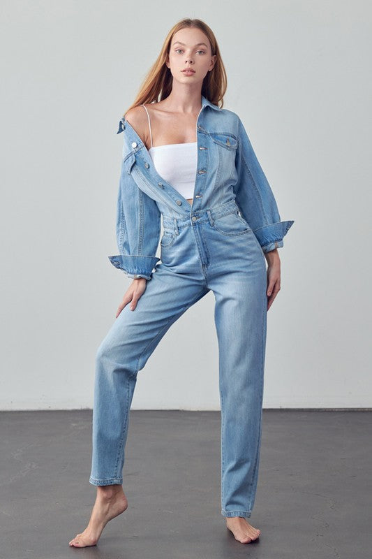 High Waist Flap Pocket Half Button Denim Jumpsuit - Pure Serenity DBA