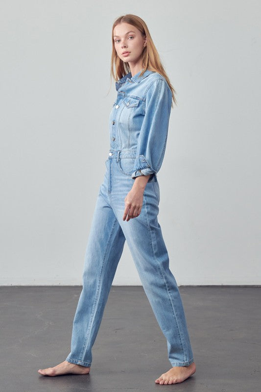 High Waist Flap Pocket Half Button Denim Jumpsuit - Pure Serenity DBA