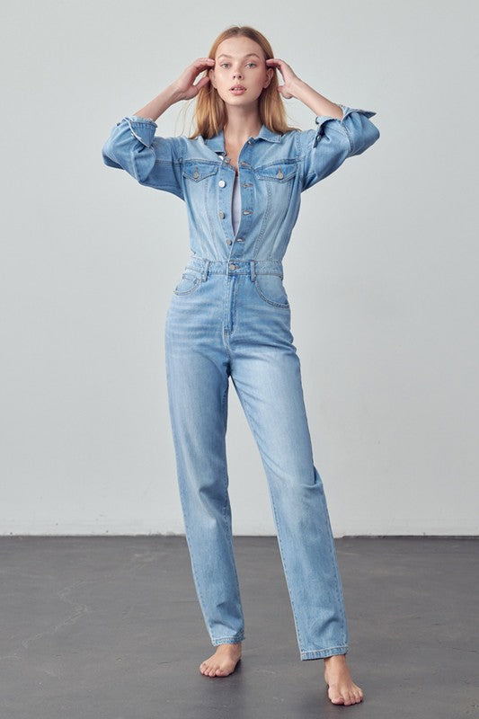 High Waist Flap Pocket Half Button Denim Jumpsuit - Pure Serenity DBA